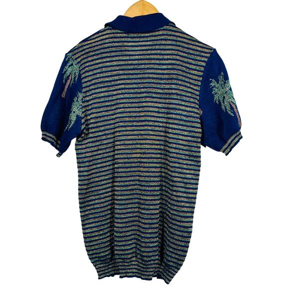 Erotokritos Metallic Silk Knit Top Short Sleeve Palm Tree Sweater Stripe - 1 - Picture 4 of 6